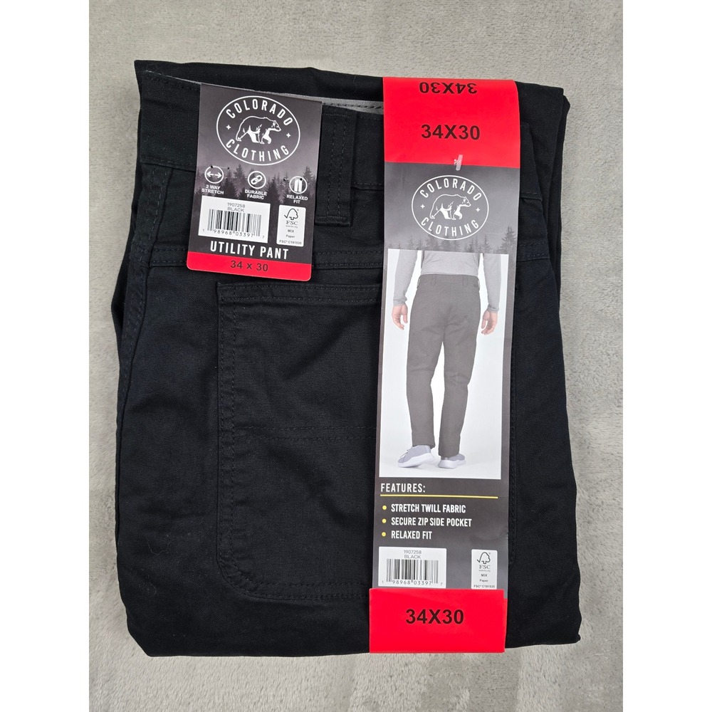 Colorado Clothing Utility Pant Mens 34x30 Fit 34x28 Black Stretch Twill *Read
